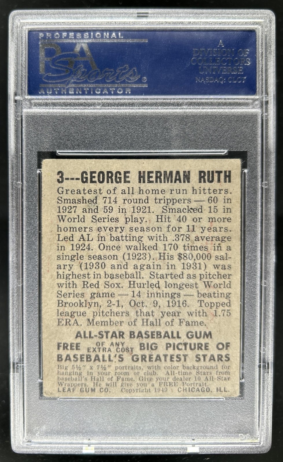 1948 Leaf Babe Ruth #3 New York Yankees PSA 3 view 2
