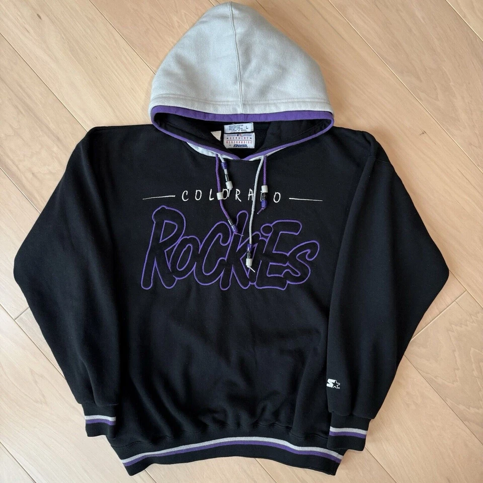 Vintage Colorado Rockies Hoodie L Black 90s Starter Pullover MLB World Series - Image 2 of 4