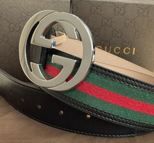 Gucci GG Interlocking Buckle Web Leather Belt Black Green Red Size 105 cm fit 38