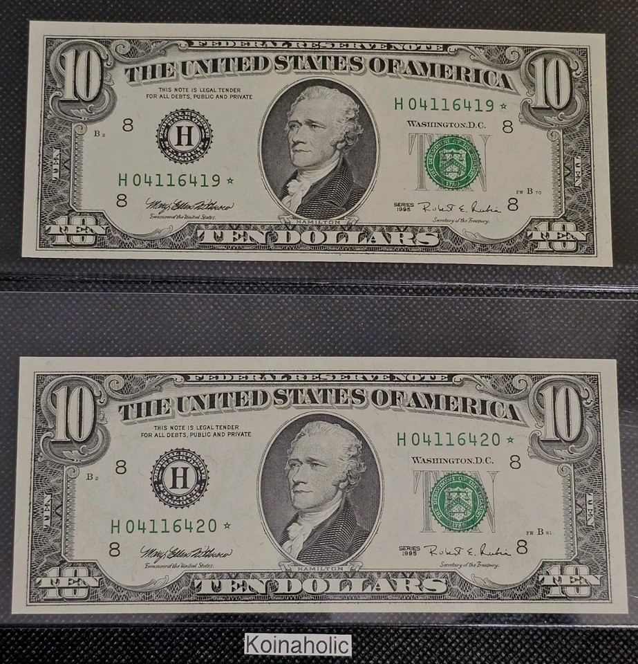 Lot Of 2 (Two) Crisp, 1995 $10 Star Notes Sequential # Of 419* & 420 ...