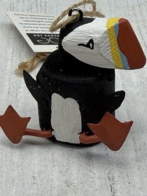 Shoeless Joe Wooden Puffin Bird Ornament Hand Painted Folk Art Hanging 