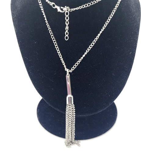 Długi minimalistyczny mod srebrny odcień frędzli naszyjnik wisiorek 29 cali - Zdjęcie 1 z 4