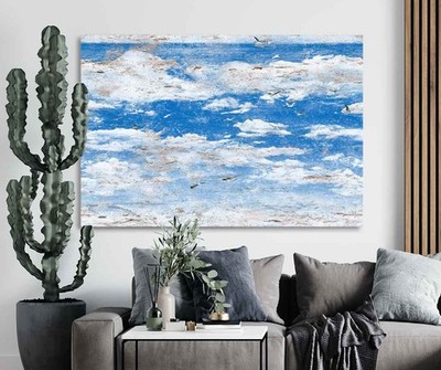Distressed Sky with Seagulls Leinwand Wandbild - Blaue Wolken Küste Druck Rustikal