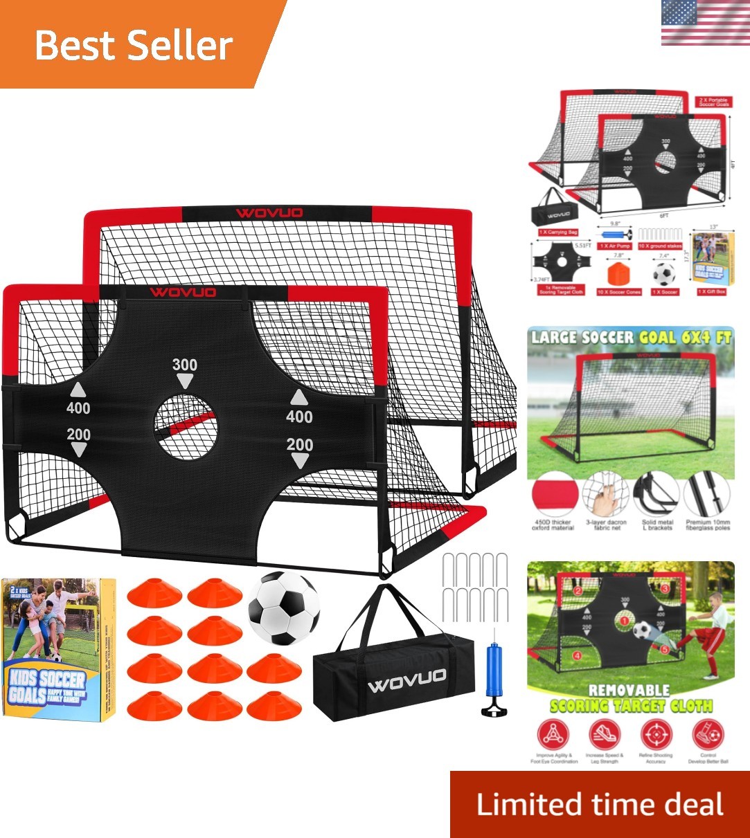 Kids Soccer Goals for Backyard Set of 2, 6x4 ft Portable Toddler Soccer Goal ...
