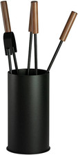 Porta Attrezzi Camino Fiamma Acciaio Nero Manico Legno 4 Accessori H.60 D. 16 Cm