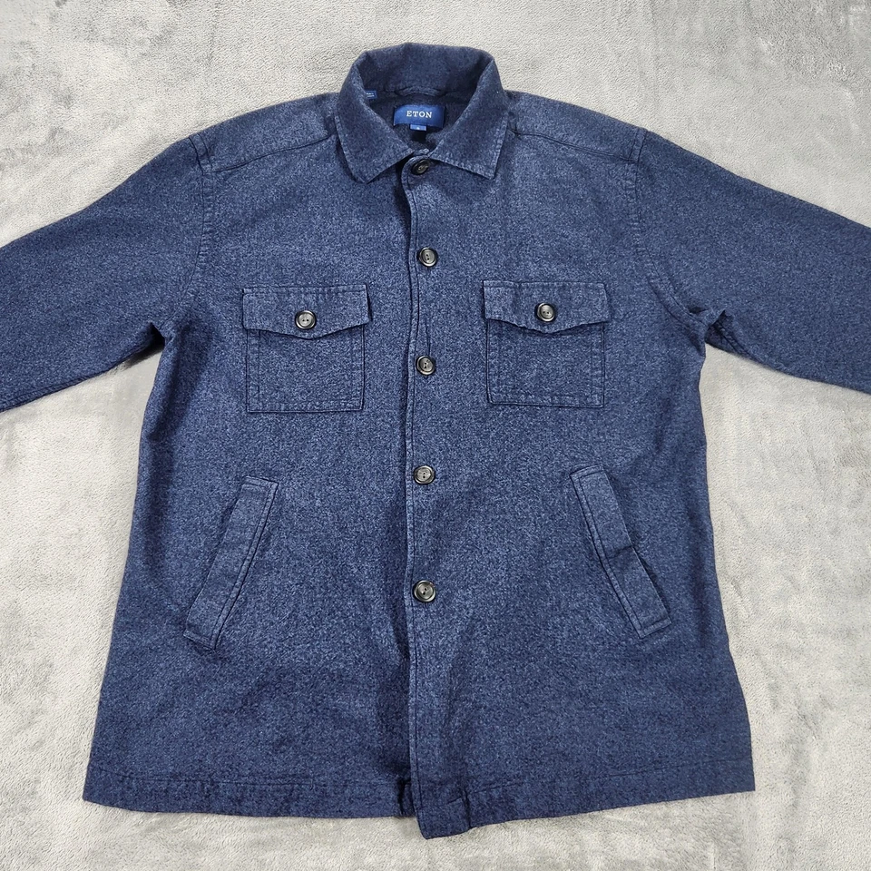 Eton Jacket Mens XL Blue Flannel Wool Cashmere Shirt Jacket Overshirt Casual - Image 2 of 4