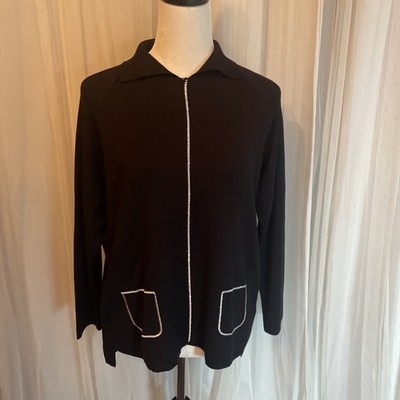 ADL Working Chic Black Cardigan Jacket Women s Minimalist Faux Zip & Pocket Trim
