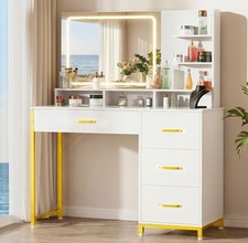 Vanity Desk with Mirror and Lights, Makeup Vanity Table with 4 Drawers  Stor...