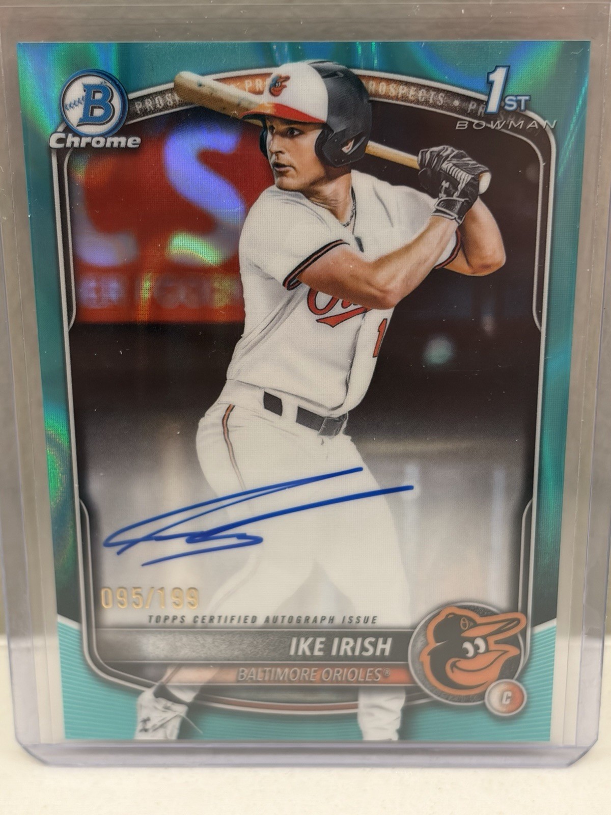 2025 Ike Irish Bowman Draft Chrome 1st Aqua Lava Auto #CPA-II /199 Orioles