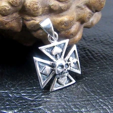 Solid 925 Sterling Silver Iron Cross & 4 Card Suits Skeleton Skull Lucky Pendant
