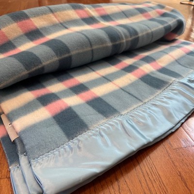Vintage JCPenney Golden Dawn Plaid Pink Blue Wool Blend 72'' x 90'' NOS Satin Edge
