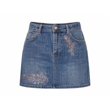 American Eagle Mini Skirt Size 8 Embroidered Blue Jean Skirt Y2K Distressed
