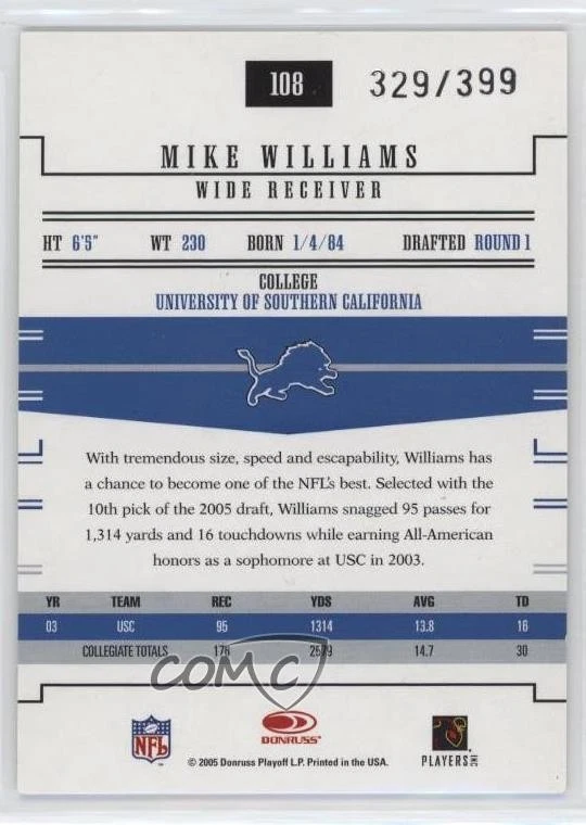 2005 Donruss Gridiron Gear Rookie /399 Mike Williams #108 Rookie RC - Image 2 of 2