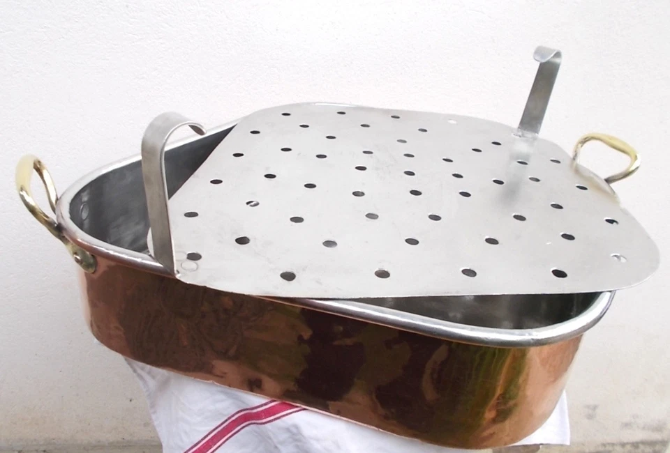 Turbotière en cuivre étamé alimentaire avec grille, vers 1915, L 70 cm 22 Lb - Photo 4/4