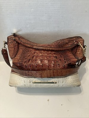 Brahmin Melbourne Leather Asher Tote Satchel Pecan Brown & Cream Croc Embossed