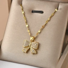 Fashion Womens Necklace Bow Pendant Cubic 18K Gold Plated Stainless Steel New