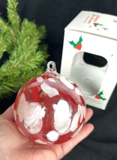 Zorza Hand Blown Glass Ball Christmas Ornament Iridescent Red White  4” In Box