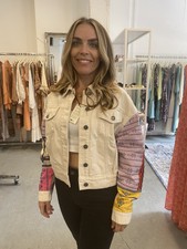 Desigual Julie Cream Short Denim Jacket With Colourful Patchwork Arms And Back
