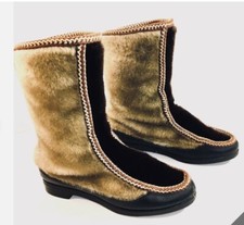 Vintage Snowland Fur-Lined Winter Boots Brown Tan Leather Rubber Sole Size 7