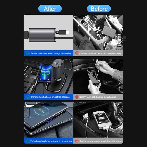120W 4 in 1 Retractable Car Charger USB C Type-C Cable PD Fast Charger Adapter - Photo 6 sur 12