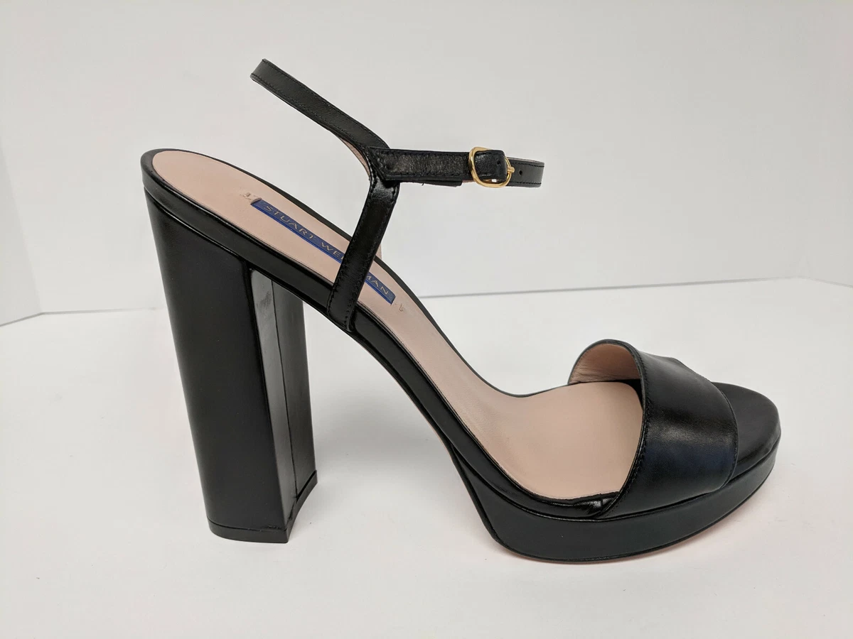 Stuart Weitzman Sunray Platform Heeled Sandals Black Shine