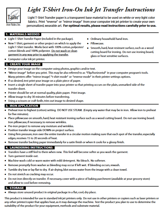 June Tailor IronOn LIGHT TSHIRT TRANSFER Sheets for Ink Jet Printers 10 sheet eBay