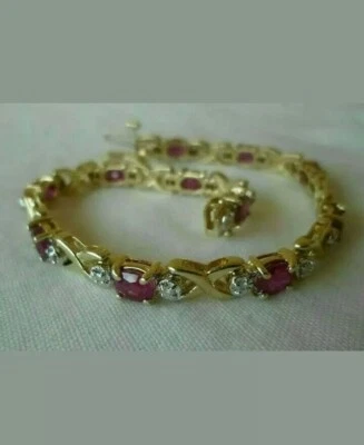 14k Solid Yellow Gold Plated 4.25CT Simulated Oval Ruby Diamond Tennis Bracelet - Image 1 of 4