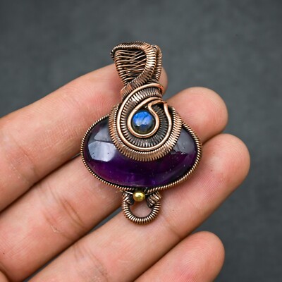 Amethyst Gemstone Copper Wire Wrapped Handmade Designer Pendant Jewelry Gift For