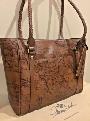 NWT PATRICIA NASH Cameley Large Tote Brown Riot Rust Map Print Leather Tassels