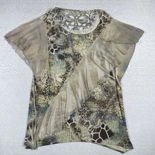 Style & Co Shirt Womens 2X Beige Animal Print Tiered Butterfly Sheer Ruffle Top