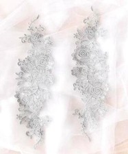 Lace Embroidered Rose Cluster Appliques Mirror Pair Lt. Silver Floral 13" DH129X