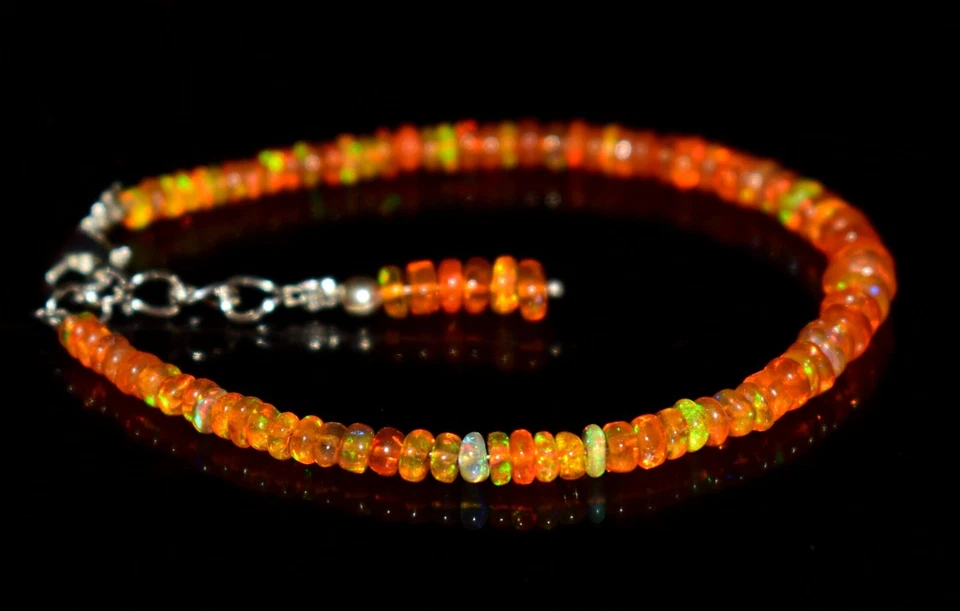 Natural Ethiopian Wello Fire Opal Gemstone Fire Beads 7.5"Bracelet F01460 - Image 4 of 4