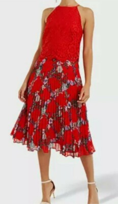 Oasis Red Lace Fitzwilliam Floral Pleated Skirt Midi Dress VGC