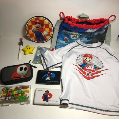 Lot of Super Mario Promotional Items - Backpack Size 4 Shirt DS Case Stylus 