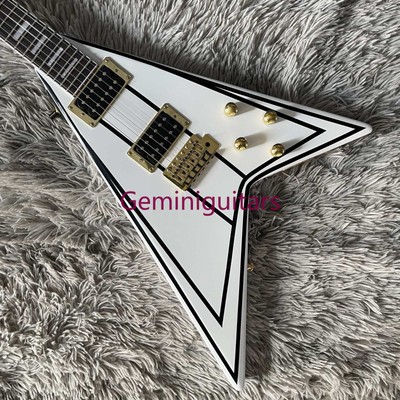Randy Rhoads V Shape Electric Guitar White Body Gold Hardware Locking Floyd Rose