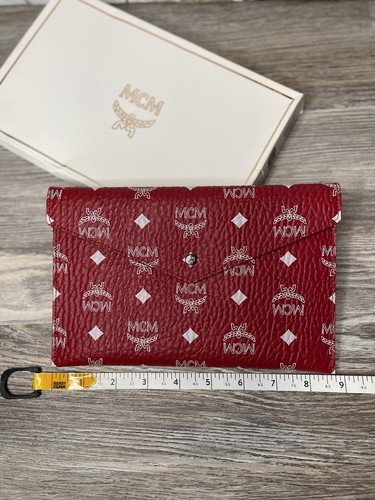 NEW MCM Visetos Monogram Red White Envelope Clutch Coated Canvas w/ Box Gift - Picture 15 of 16