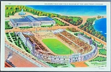 1930's Grant Park Postcard Showing Soldiers Field + New Field Museum Chicago 
