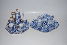Miniature Porcelain Tea Sets   Blue Floral Pattern   Lot of 2   One Missing Lid