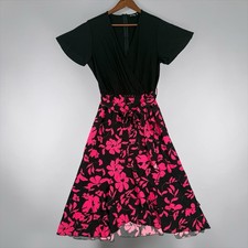 BTFBM Black Hot Pink Floral Midi Dress Size L Cocktail Wedding Guest