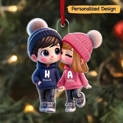 2D Flat Cute Cartoon Couple Walking Personalized Car Ornament, Christmas