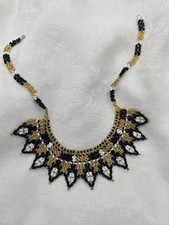 Vintage Beaded Statement Necklace Black White Gold Seed Bead Bib Style Handmade