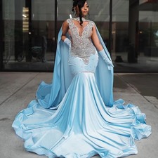 Luxury Sky Blue Mermaid Prom Dresses Silver Crystal Beaded Cape Evening Gowns