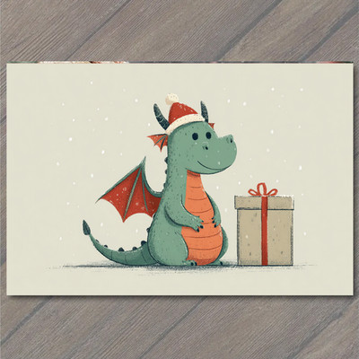 Art Print Christmas Dragon Santa Hat Gift Box Cute Snow Holiday Fantasy Creature