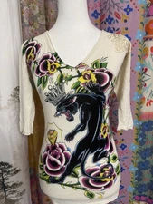 Christian Audigier Black Panther Logo 3/4 Shirt  Size Small Womens Los Angels S