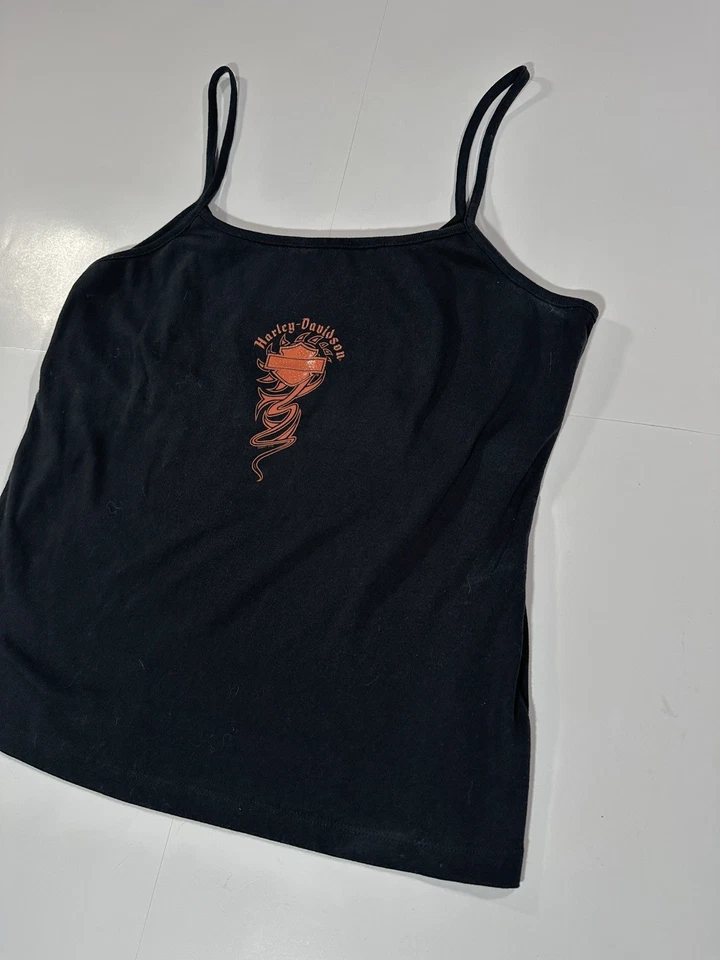 Harley-Davidson винтажный Y2K пламени Eagle укороченный Майка размер 1 X черный оранжевый 2007 - Изображение 4 из 4