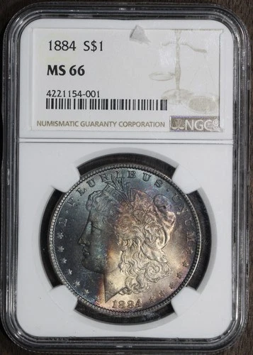 1884 (MS66) Morgan Silver Dollar $1 NGC - Beautiful Blue and Red Tone