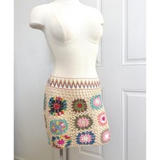 Womens Crochet Granny Square Mini Skirt Multi Color Boho Festival Small