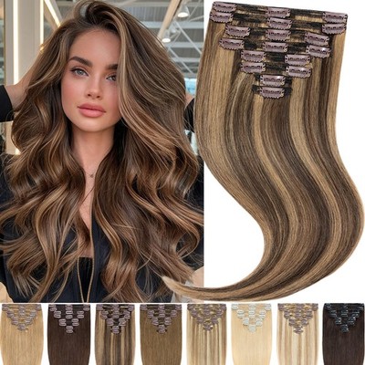 Double Weft Clip In Real Remy Human Hair Extensions 100% Thick Full Head 8PIECES