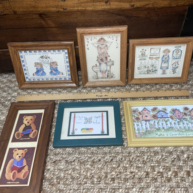 VINTAGE COUNTRY/FOLK WALL ART WOOD FRAMED PRINTS LOT OF 6 PIECES