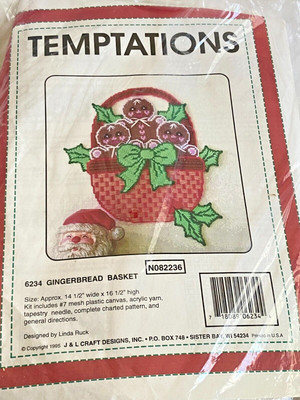 VTG Temptations PLASTIC CANVAS Christmas GINGERBREAD BASKET Needlepoint Kit
